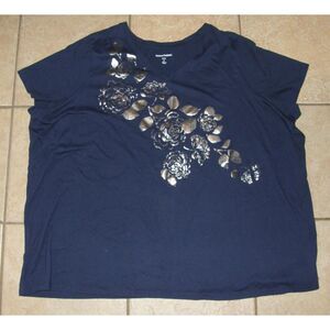 Navy Blue Plus Sz 34/36 Soft Stretchy Silver Foil Flowers Tee Shirt WOMAN WITHIN